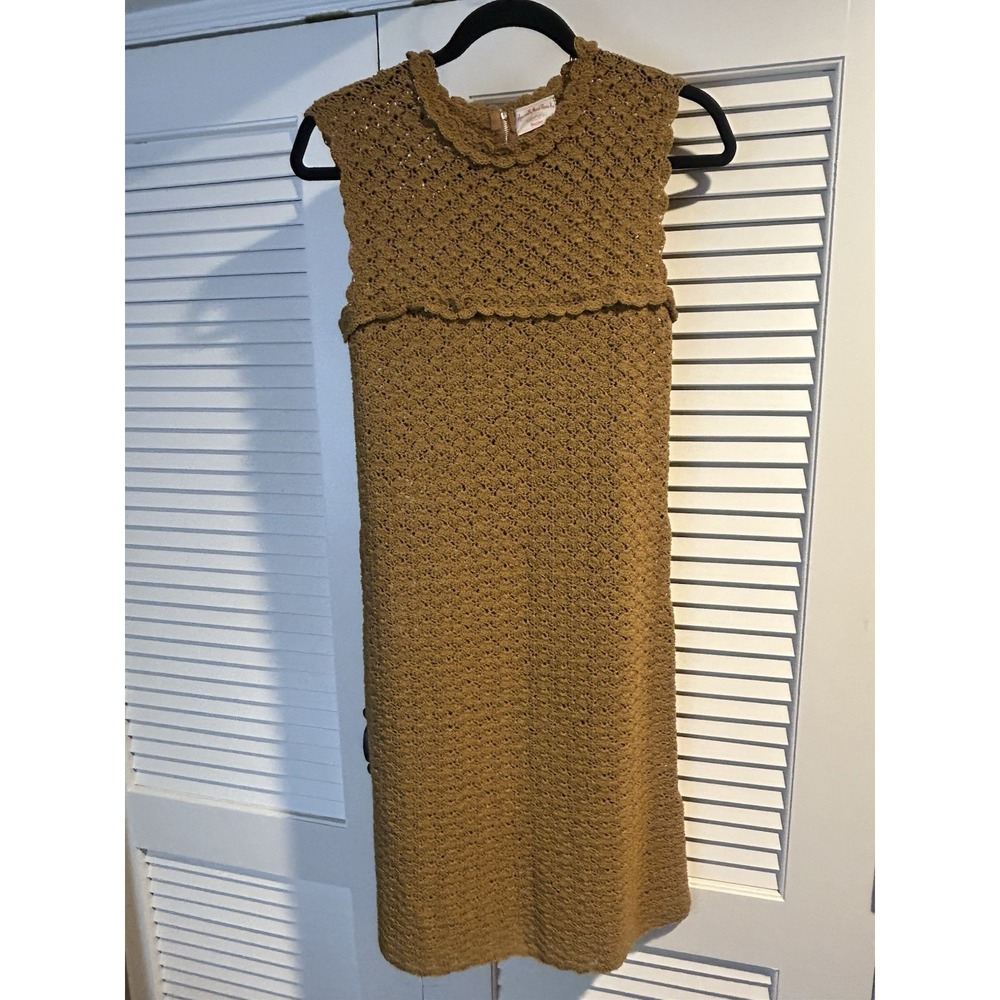 Vintage Brown Crochet Knit Dress Handmade Sleeveless Retro MCM Small-Medium